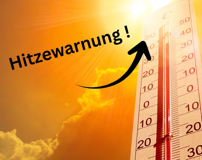 Symbolbild mit Thermometer und Sonne, Schriftzug: Hitzewarnung!