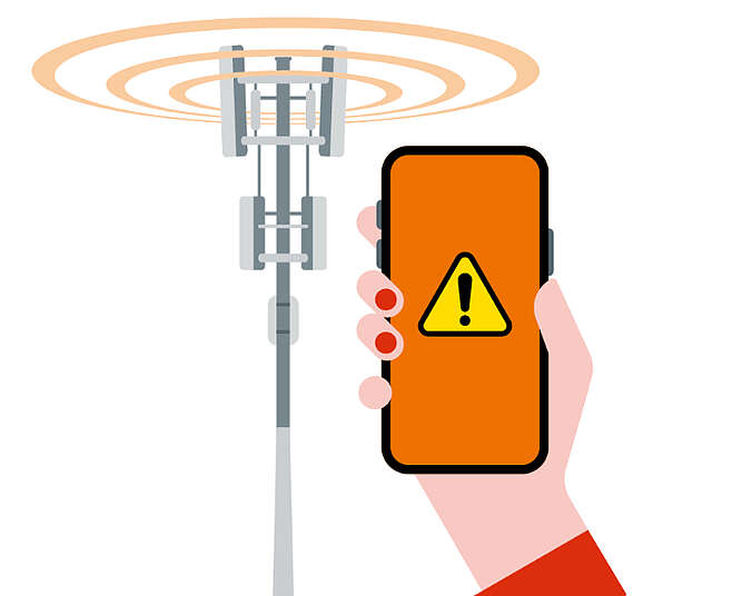 Grafik: Hand hält Smartphone und ein Mobilfunkmast sendet eine Warnung über Cell-Broadcast